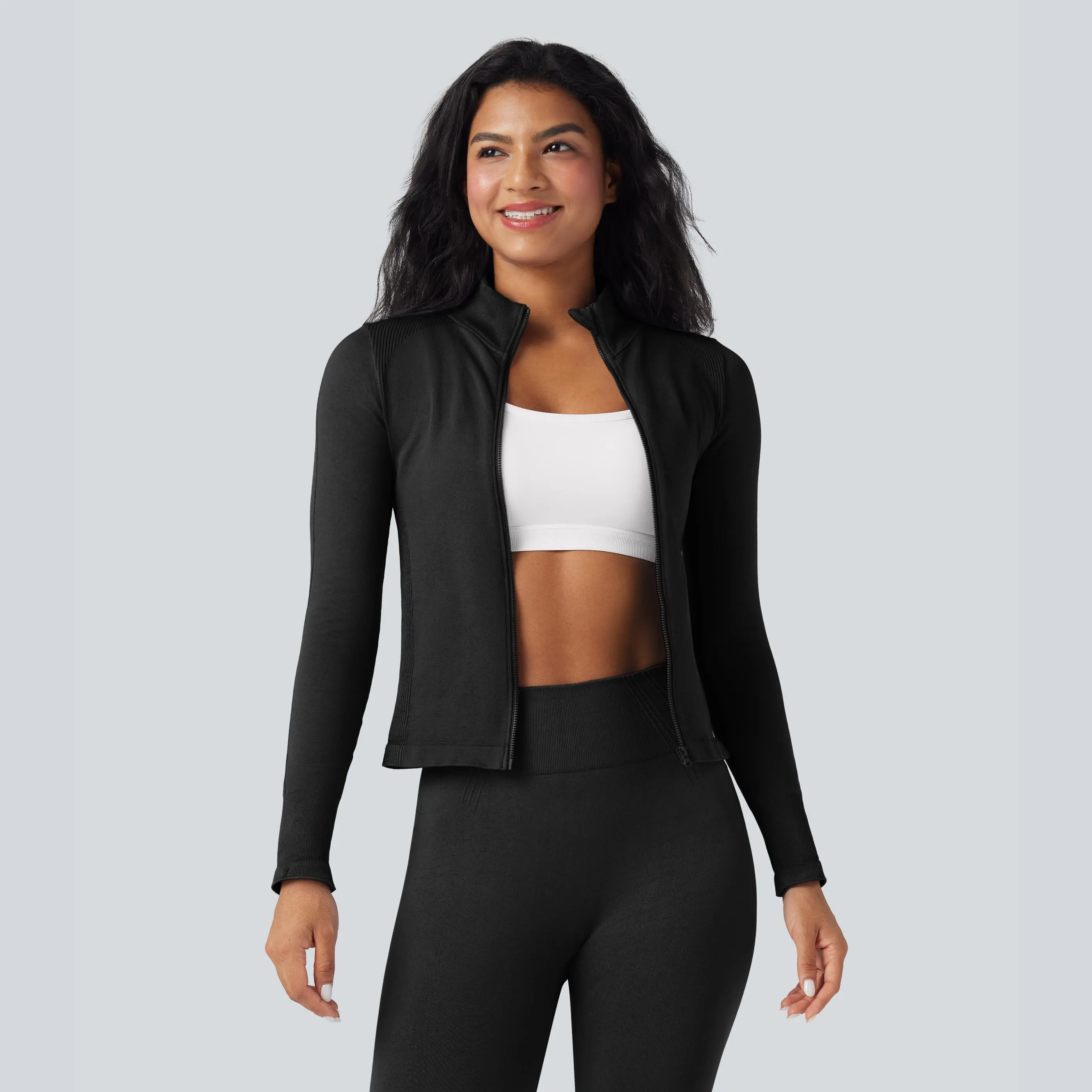 Halara Seamless Stand-Collar Long-Sleeve Thumb-Hole Yoga Jacket for Sports, Outdoor Activities