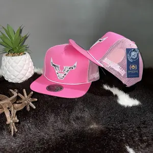 Roman Valley Pink&Rope Trucker Hat with Bull Logo Flat Bill Mesh Back Snapback Closure for Men and Women Classic Design