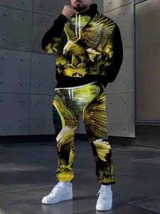 Autumn and winter edition Eagle National Flag digital Print sportswear Set, hooded sweatshirt + sweatpants 2-piece set, Eagle pattern couple's outfit, fashionable and casual long-sleeved hooded sweatshirt and long pants set, Athleisure Style