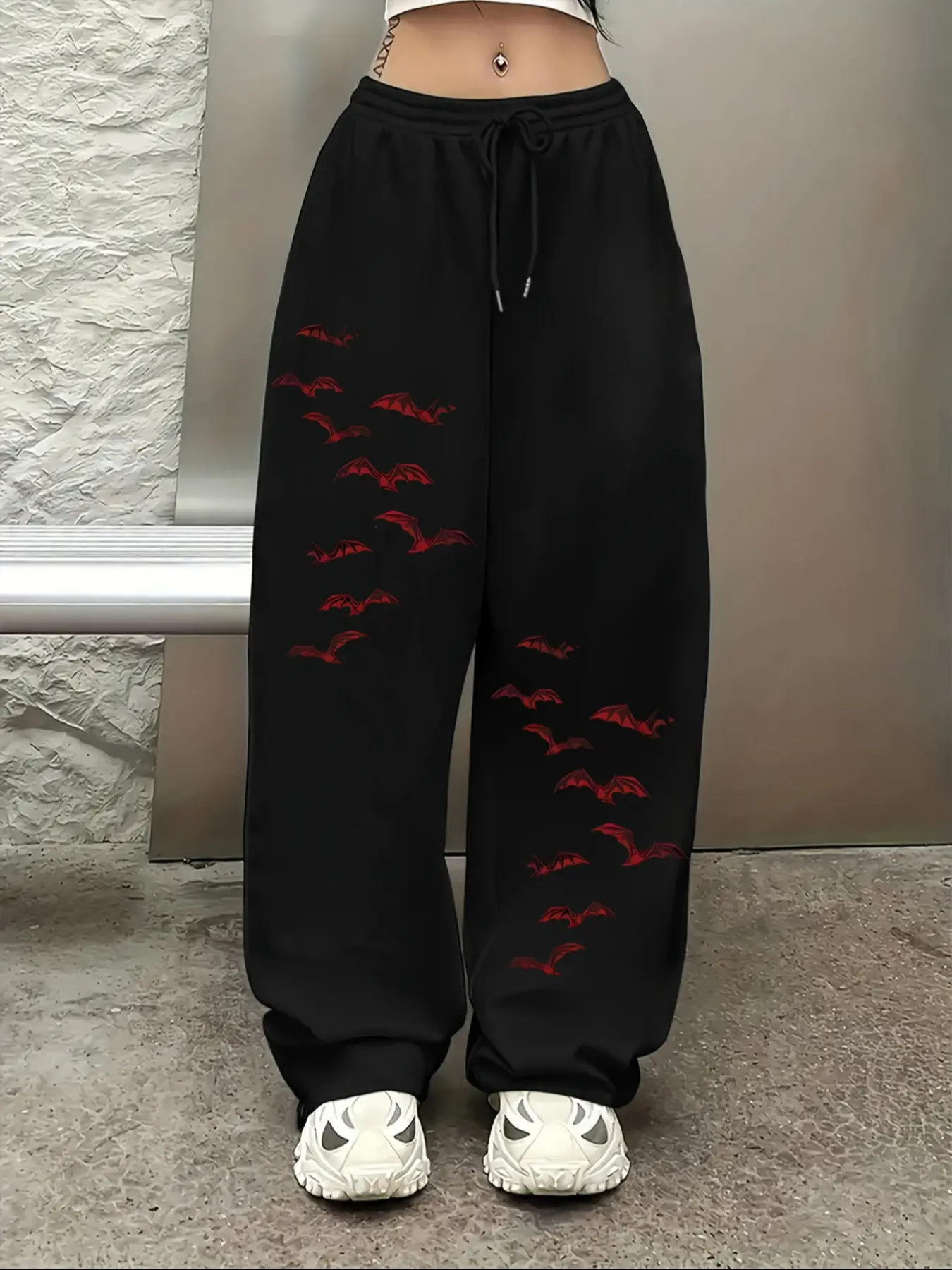 Women's Gothic Red Bat Oversized Sweatpants, Black Streetwear Joggers with Bat Swarm Graphics, Drawstring Casual Pants for Dark Subculture & Y2K Style, Perfect for Gothic Aesthetic & Streetwear Enthusiasts, Casual Style Bottoms, Casual Fashion Bottoms