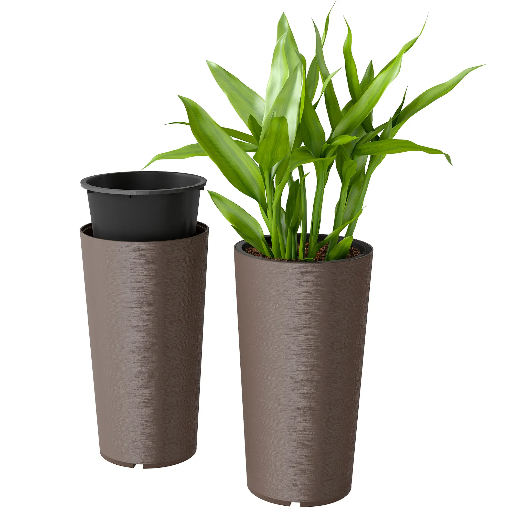 Outsunny 29-Inch Tall Heavy Duty Polymer Floor-Standing Planters (Set of 2) with DIY Drainage Holes, Stackable Crack-Resistant Plant Decor for Indoor/Outdoor Front Porch, Brown