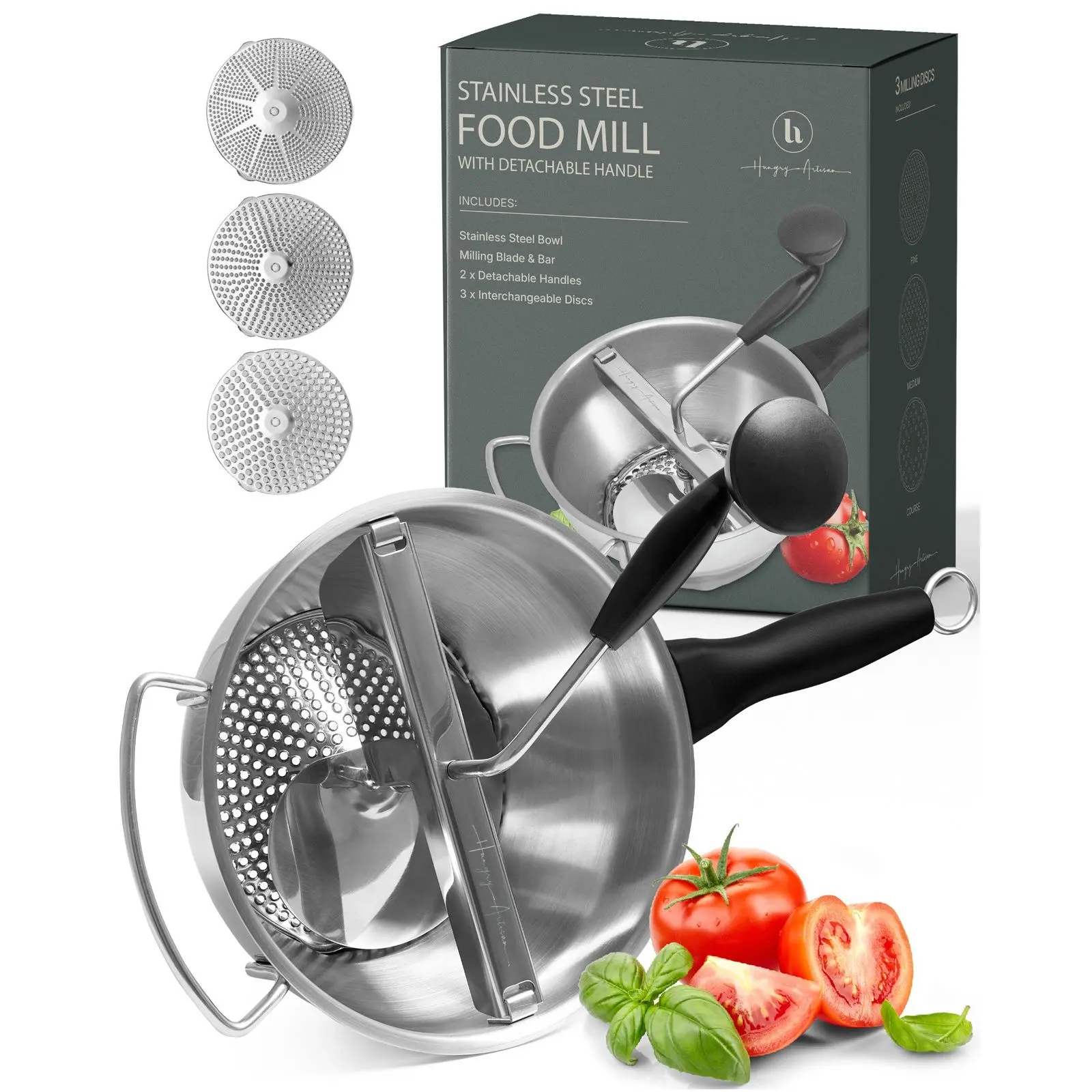 Hungry Artisan Food-Grade Stainless Steel Hand Crank Mill - Compact, Detachable Handle, 3 Interchangeable Discs, High-Heat Safe, Easy to Use & Clean, Rock-Solid Stability for Safe, Confident Cooking, Long-Lasting for Parents
