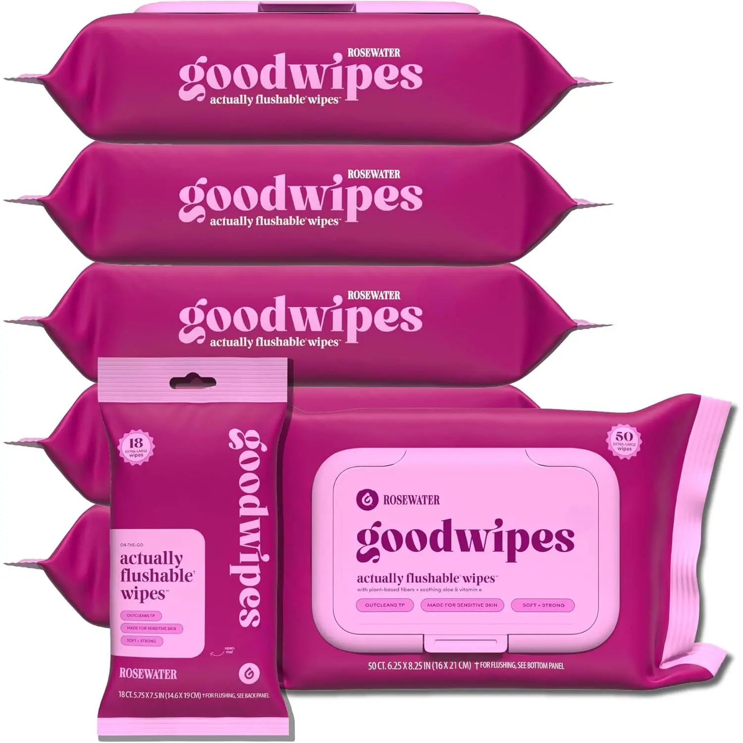 Soft Flushable Toilet Wipes with Vitamin E & Aloe Infused, Sewer & Septic Safe Extra-Large Adult Wipes, Rosewater Scent Home Bathroom Essentials, 318 Count (6 Packs + 1 Travel Pack)