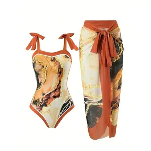Women's 2026 New 2-Piece Halter Bathing Suit Bikini Set, Starfish Print, High-Stretch Quick-Drying Cover-Up Skirt with Bow Detail, Standard Sizes for Summer Beach, Pool Vacations, Bikini Sets