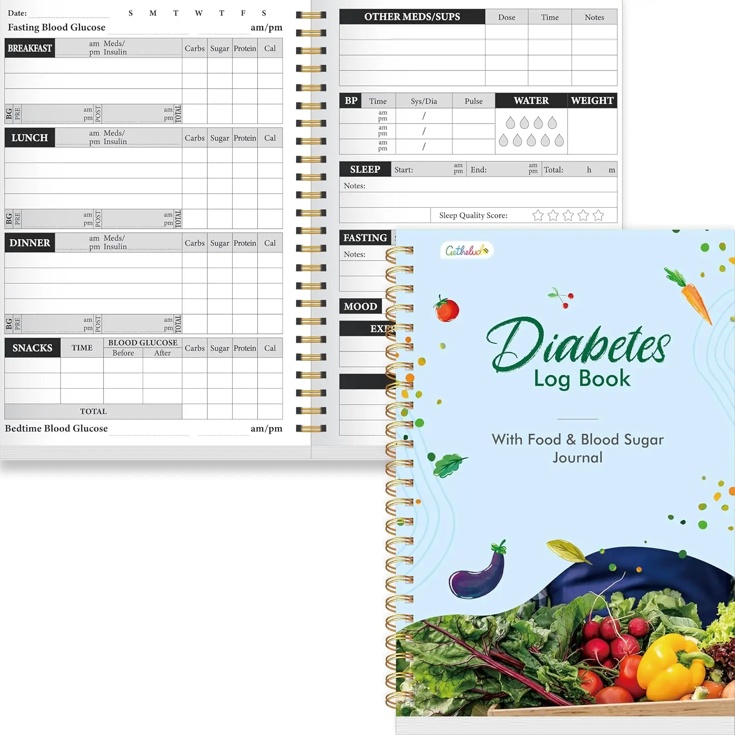 Women's Botanical Print Journal - Meal Planner Notebook for Health & Wellness Tracking, 80 Sheets with Food List, Blood Sugar Log, Food Tracker for Type 1-2 Diabetics, Diabetes Management, Spiral-Bound