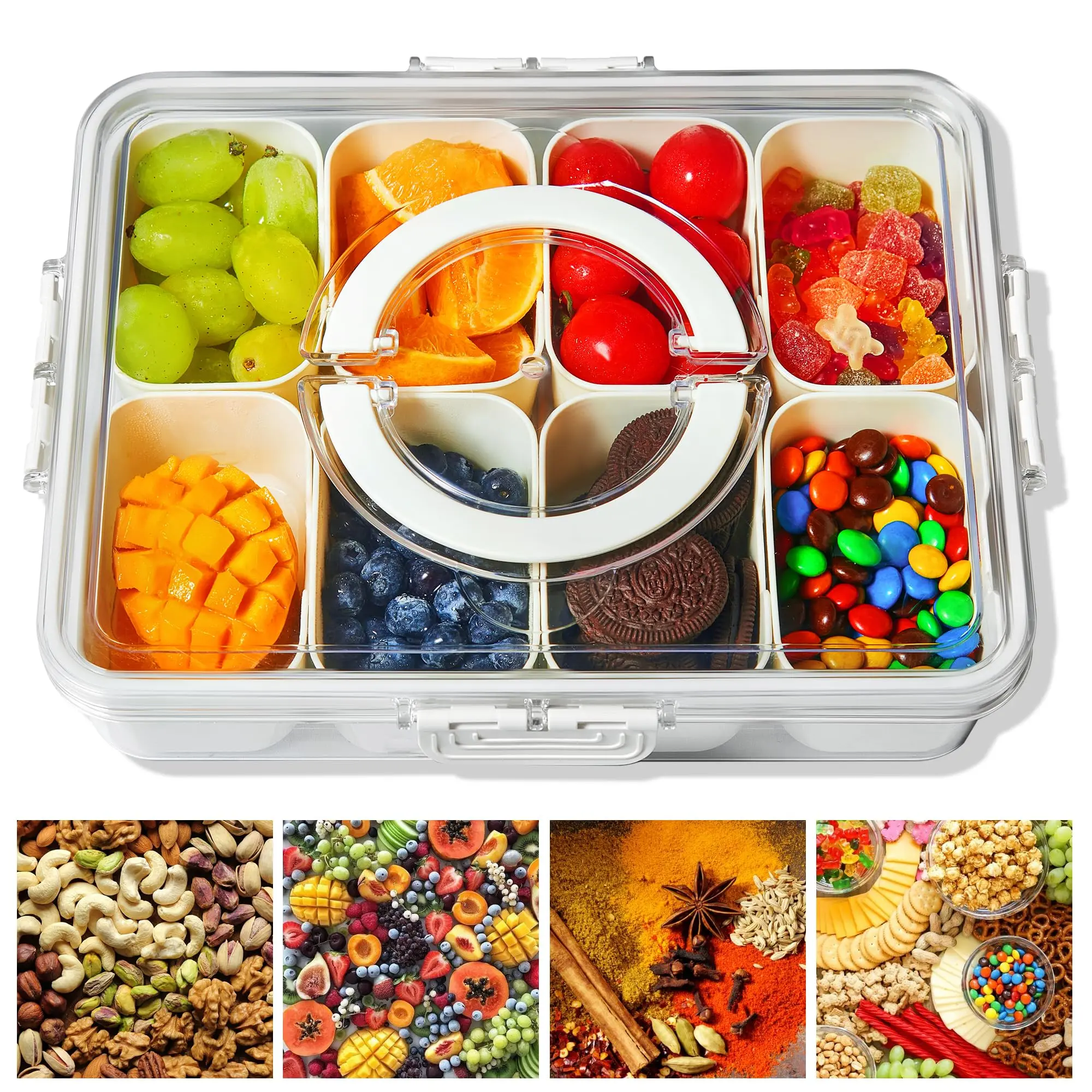 New Deal Divided Snackle Box Container - Lid, Handle, Candy Storage, Dustproof, Leak-Proof, Reusability, Freshness Kept - Portable Tableware for Fruit Treats, Divided Box