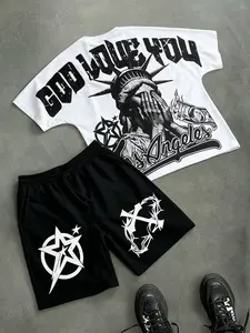 Men's Matching Set, Casual Style Set, Co Ord Sets: Short-sleeve shirt and shorts with cropped, batwing silhouette and Statue of Liberty graphic, versatile for everyday wear and street style