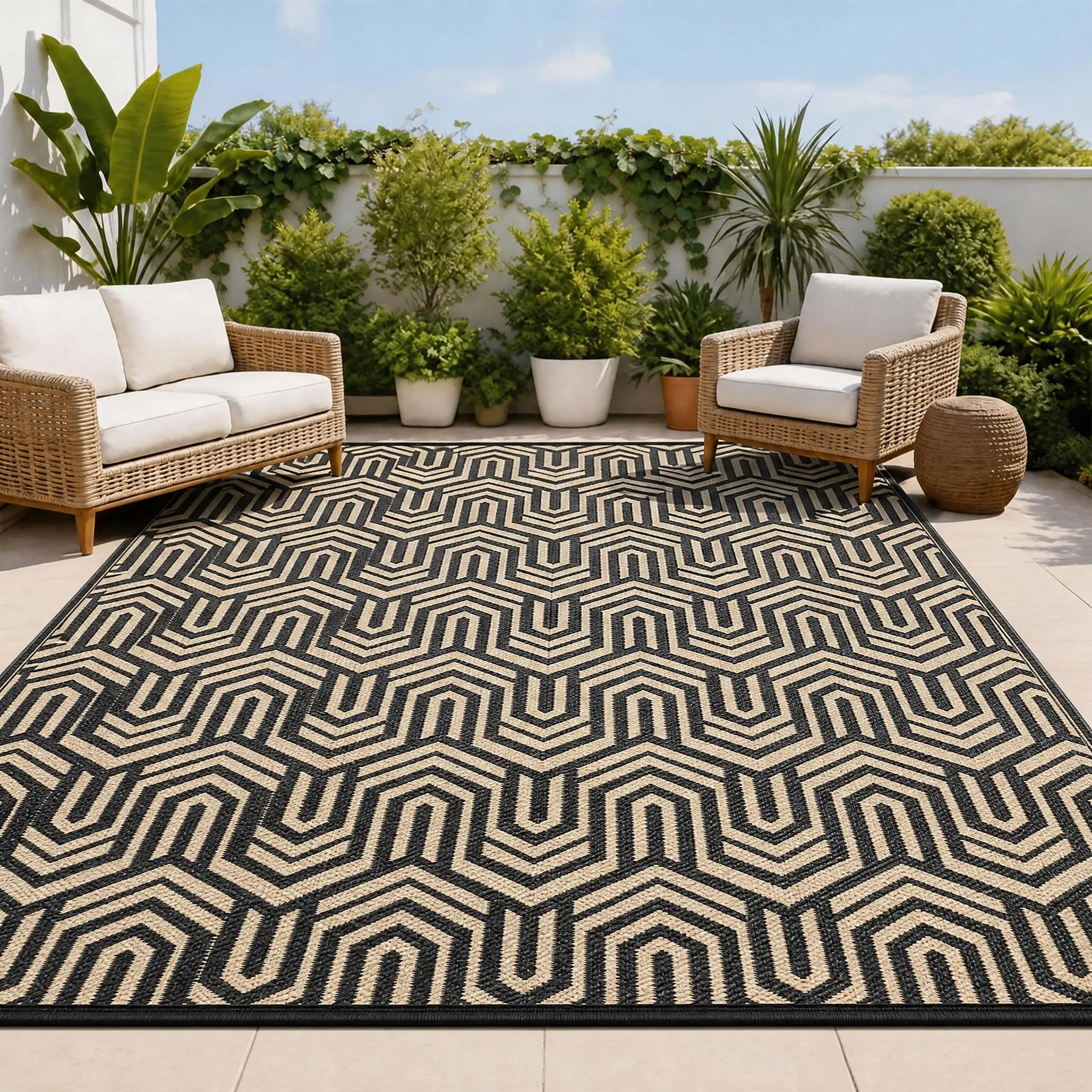 Large Geometric Outdoor Rug 9x12 Patio Rugs Outdoor Waterproof Reversible Plastic Straw Camping Rug, Foldable Lightweight Modern Outside Mats for Camper, Balcony, Beach, Porch, RV, Coffee