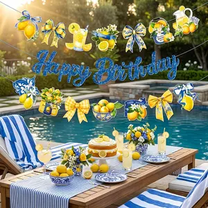 Blue Glitter Birthday Banner Set with Lemon Bow Wreath, Paper Decorations for Indoor Outdoor Parties, Baby Shower, Photo Background