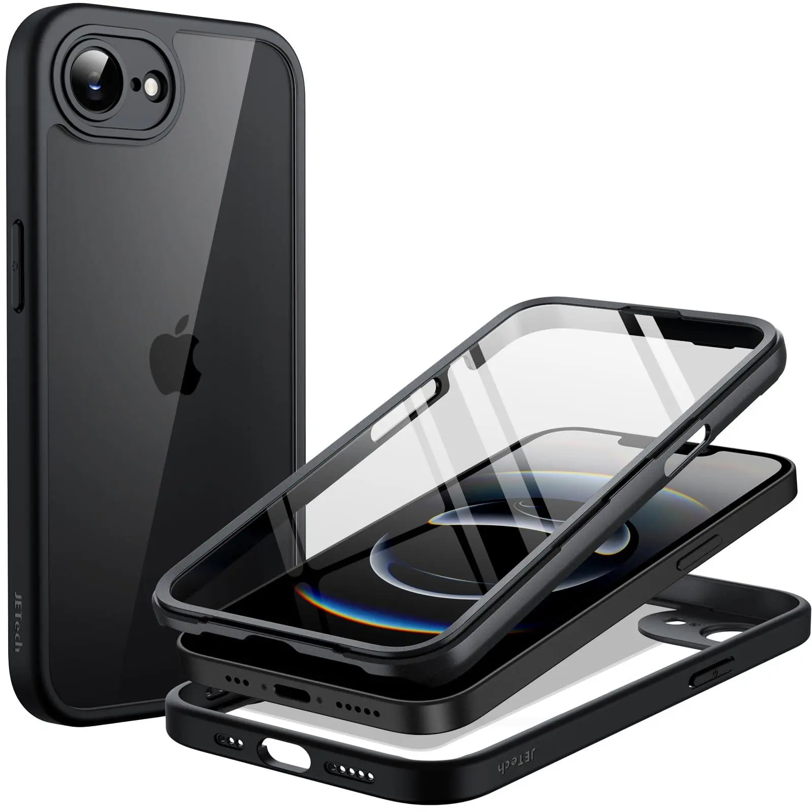 JETech Case for iPhone 17e / iPhone 16e with Built-in Tempered Glass Screen Protector, 360 Degree Full Body Shockproof Phone Cover, Heavy Duty Protection Clear Back