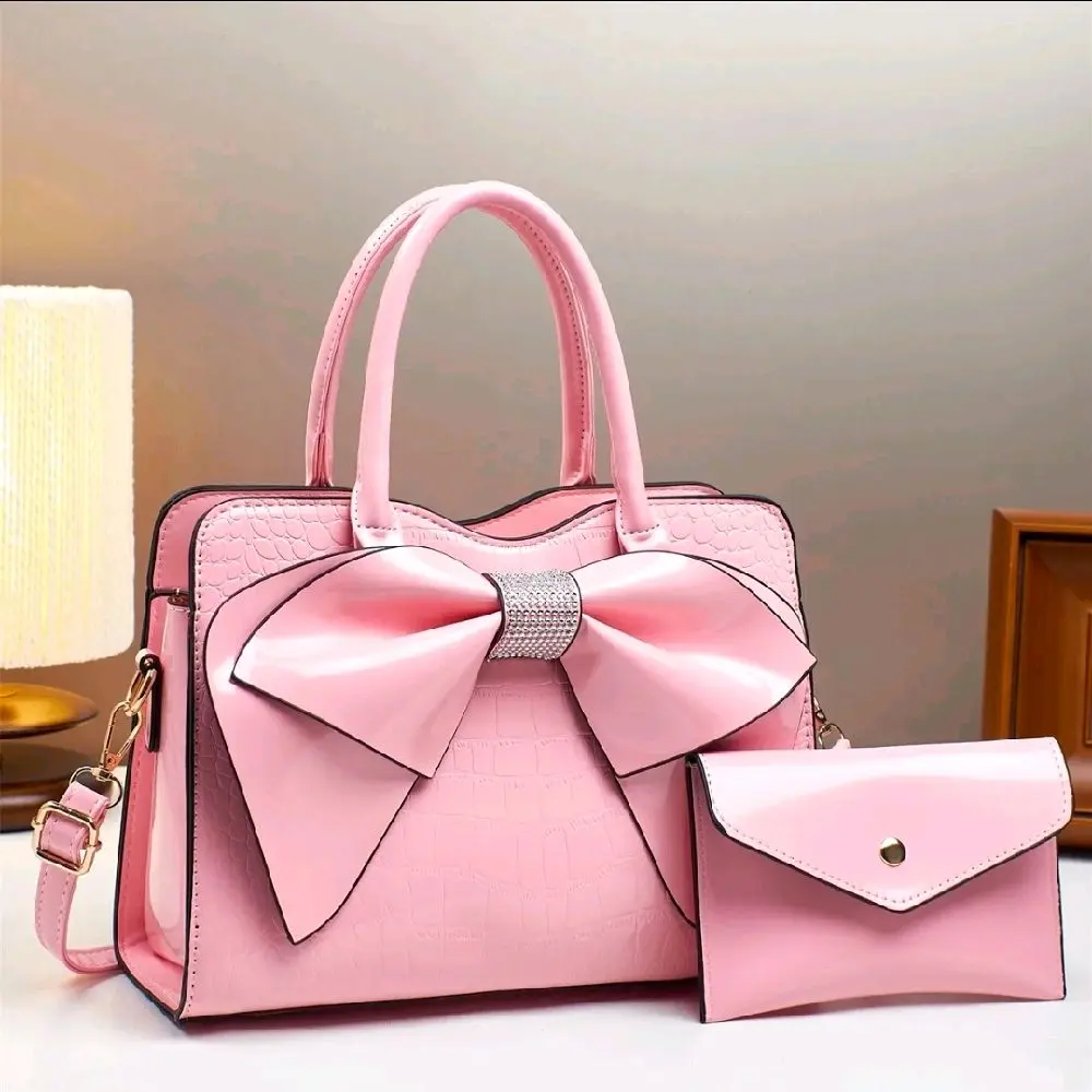 Women's Patent Leather Handbag Set with Bow - Shoulder & Crossbody Bag Includes Matching Pouch for Everyday Use or Special Occasions Gift for Mom – Mother's Day