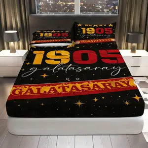 3Pcs Galatasaray 1905 Stars Fitted sheet Three Piece Set (1*Fitted Sheet+2*Pillowcases, Coreless), Sports theme, Football Bedding Set, Mattress protector Soft, Breathable