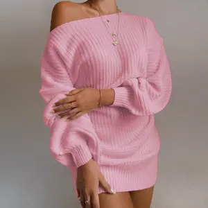 Women’s off-shoulder knit sweater dress for autumn and winter, loose fit, long sleeves, solid color, waist tie detail, elegant streetwear dress GARMENTARY