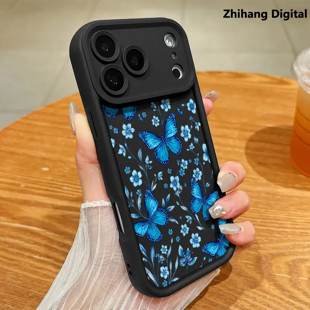 Blue Butterfly Wildflower Phone Case For iPhone 17 Pro Max Air 16 Plus 15ProMax 14 13 12 11 Shockproof Drop Protection Durable silicone Cases Smartphone Cover Cellphone Bumper Screen Protector Casing Resistance Casing