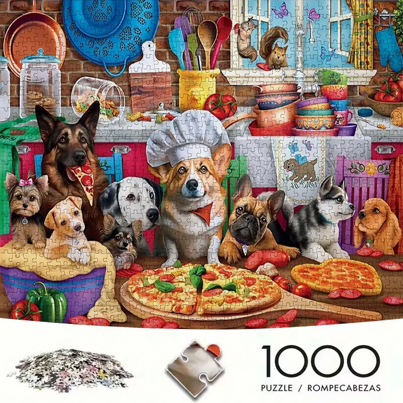 Adult Mini Puzzle Box (1000-Piece), Pizza Dog Kitchen Party, High-Quality Stress Relief Game, DIY Home Decor, Creative Gift Idea