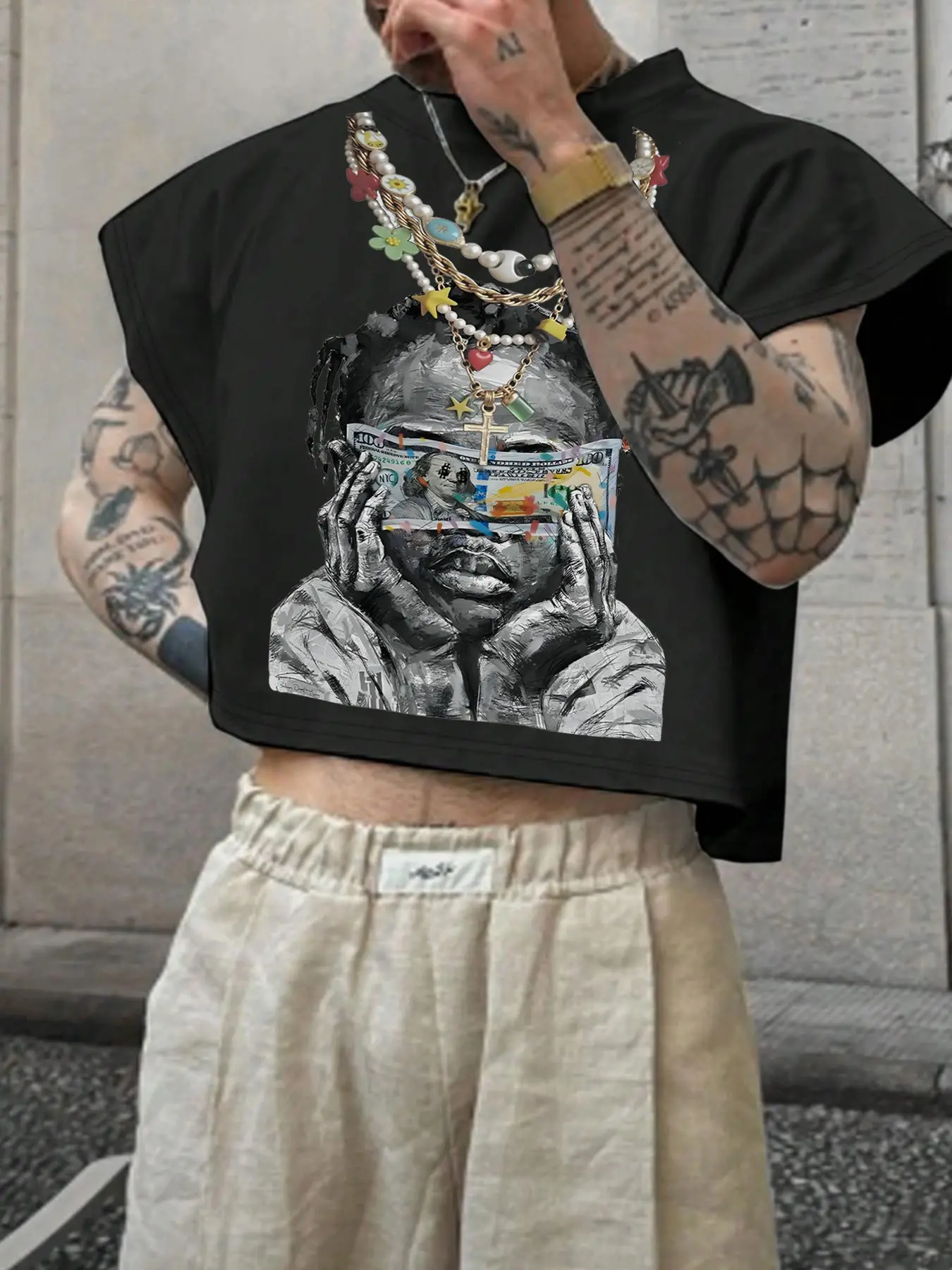 Men's boxy cropped T-shirt in a streetwear style, featuring a vintage money graphic print. Perfect for a Casual summer grunge look and urban aesthetic street style.
