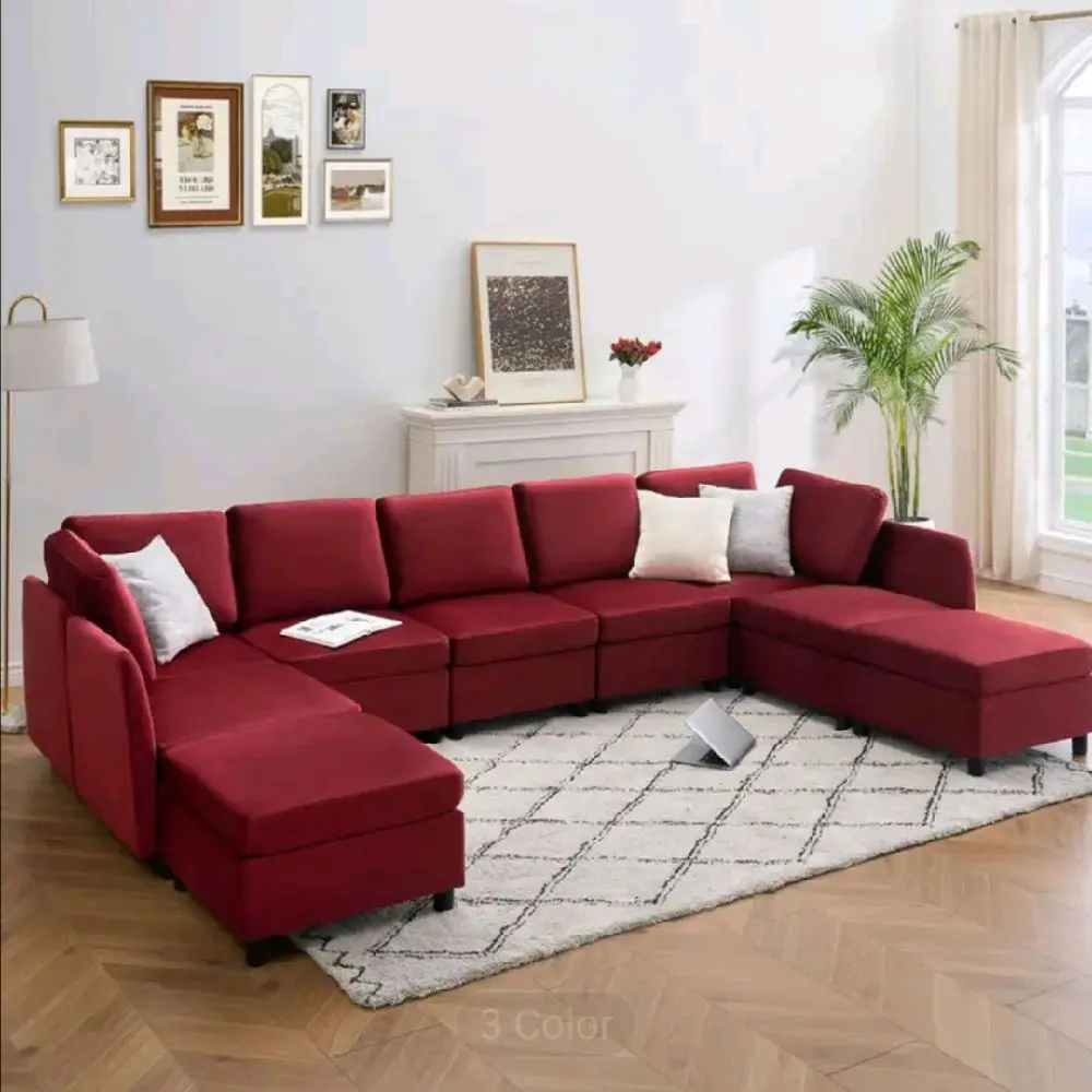 Mid-Century Modern Red Velvet Modular Sectional Sofa Set with Storage & Ottoman - L-Shaped or Straight Configurations, Plush Cushions, Armrests, Space-Saving Design for Apartments & Living Rooms, Durable Easy-Clean Fabric, Contemporary Upholstered S