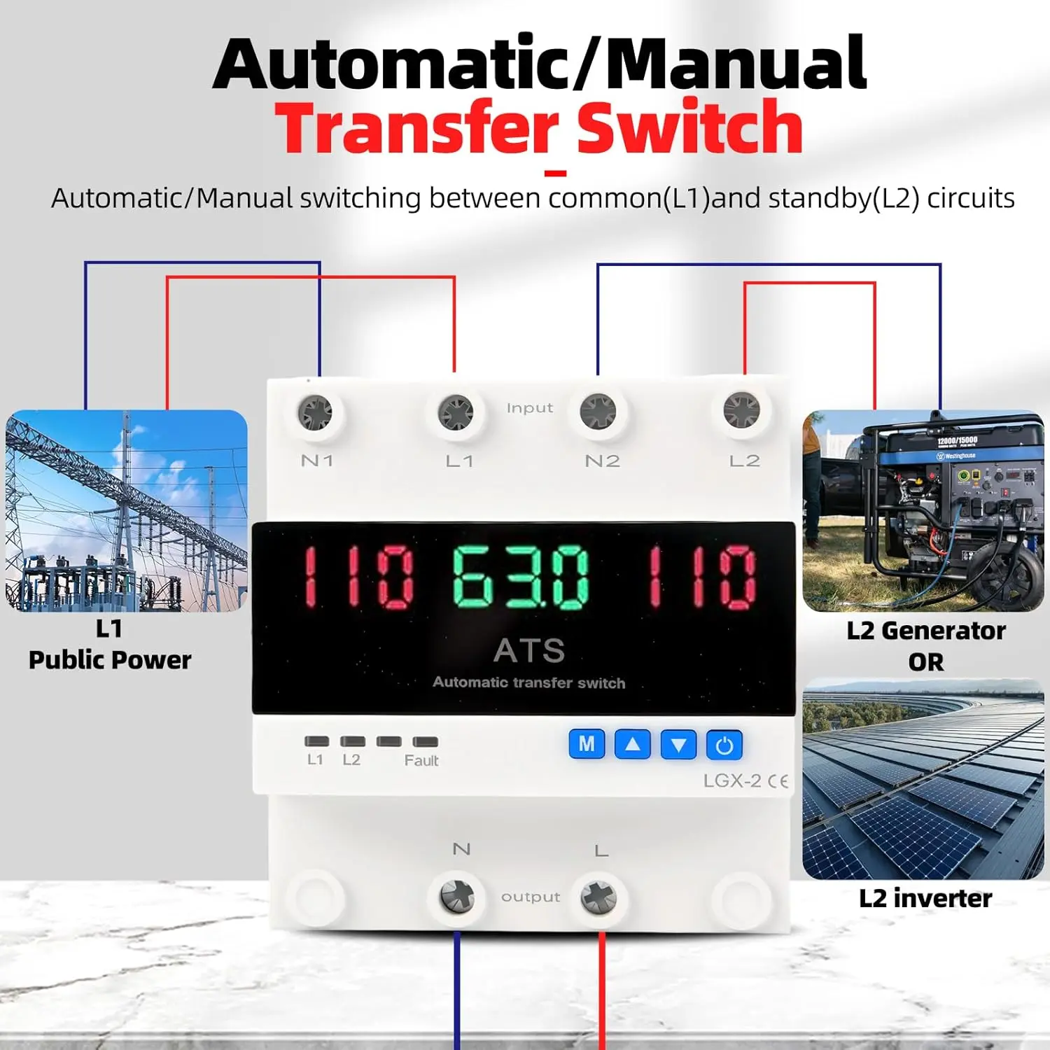 63A 110V Automatic/Manual Transfer Switch L1 Priority Phase Selector LED Display DIN Rail Mount ATS for Generator Inverter & Utility Power CE 50/60Hz Home House