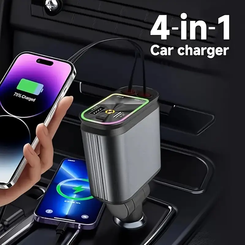Father's Day and Summer Festivals:4-in-1 car charger fast charging adapter 66W fast charging portable power bank, starry sky LED ambient light design, suitable for iPhone, Android phones, safe and efficient charging multi port car charger