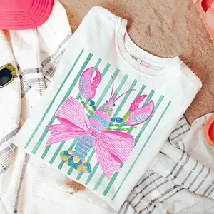 Comfort Colors Striped Lobster Shirt Coastal Graphic Tee for Women Beach Vacation Shirt Preppy Summer Tee Nautical Lobster T-Shirt