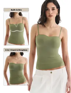 Lehoba 2-in-1 Built-in Bra Cami Top, Strapless Bandeau with Removable Straps, Lightly Padded, Double-Layer Soft Support