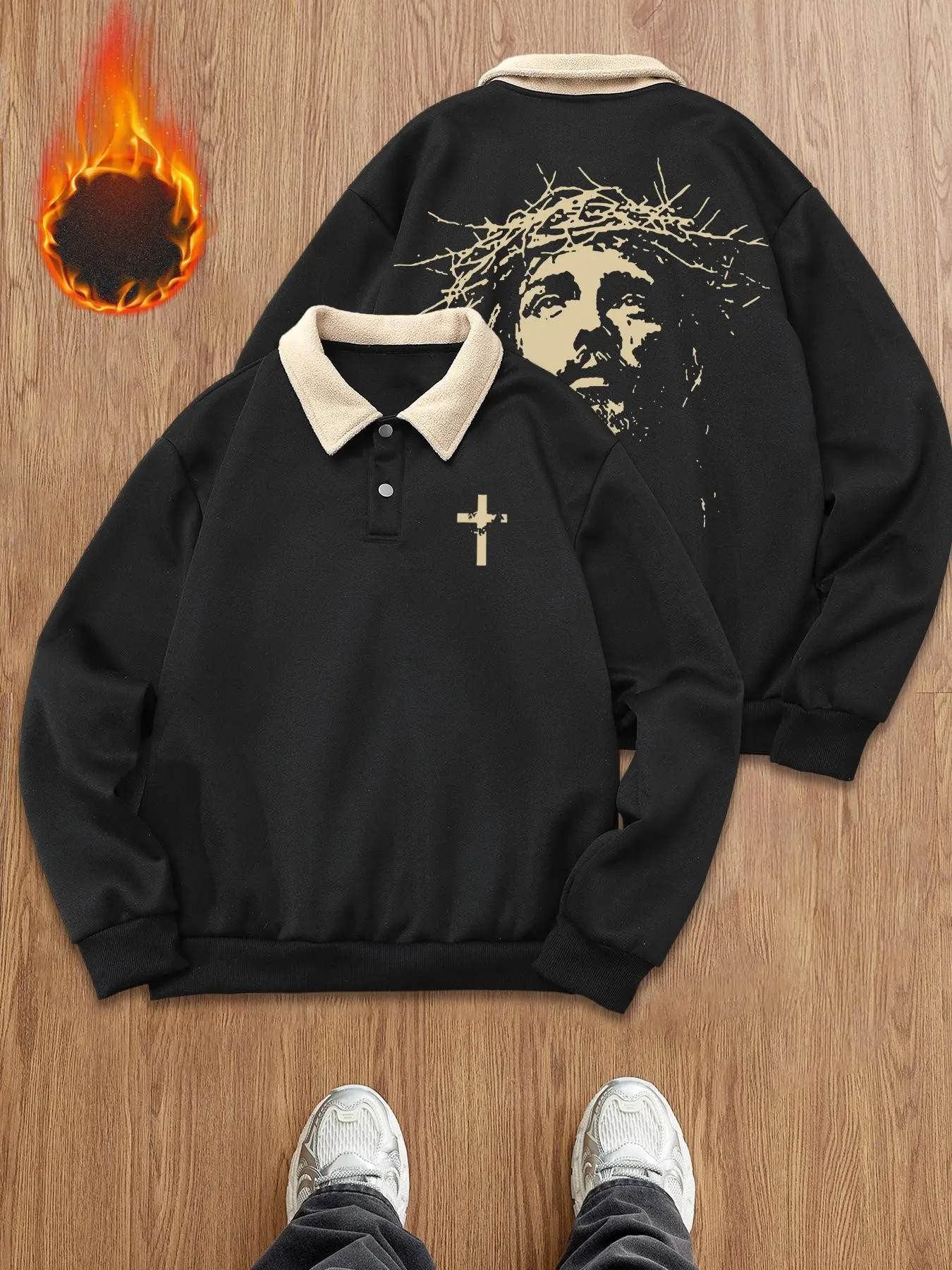 Unisex Vintage Classic Religious Style Polo Graphic Sweatshirt, Thorn Crown Print & Cross Detail, Fleece Lined Warm Top, Fall Winter Streetwear Apparel