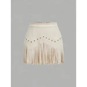 Western Skirts for Women Fringe Mini Faux Suede Cowgirl Skirt for Country Concert Rodeo Outfit Rave Festival, studded fringe faux suede A-line skirt, vintage style mesh fringe skirt, elegant short skirt for women
