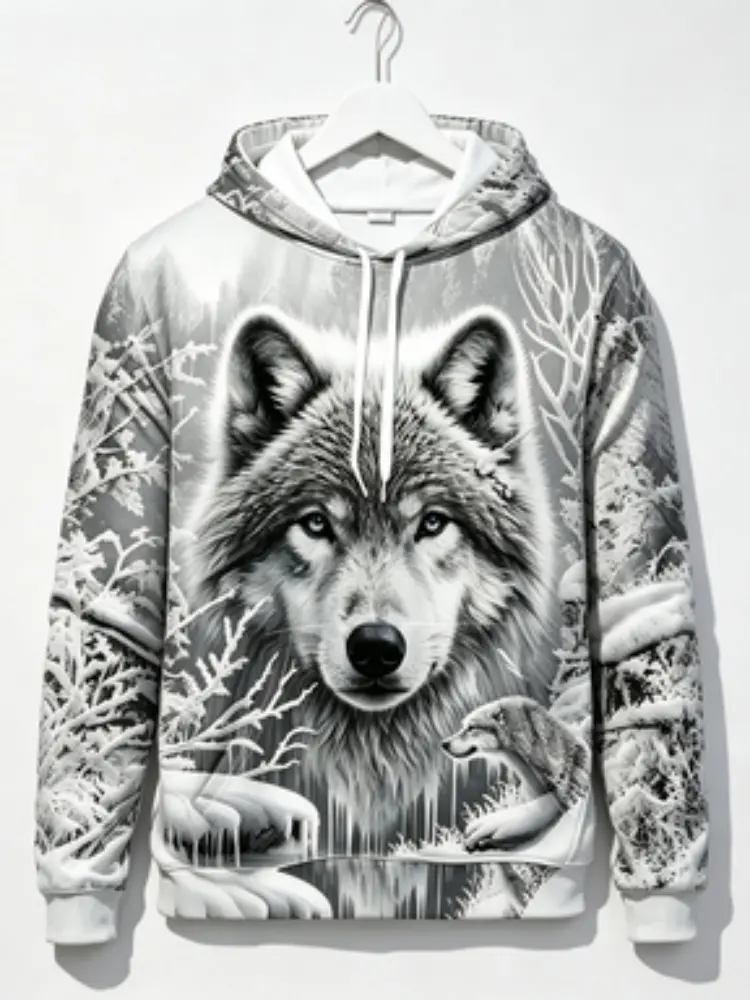 Men's 3D Wolf Print Hoodie, Winter Snow Forest Graphic Pullover Sweatshirt, Casual Long Sleeve Streetwear Top with Front Pocket
