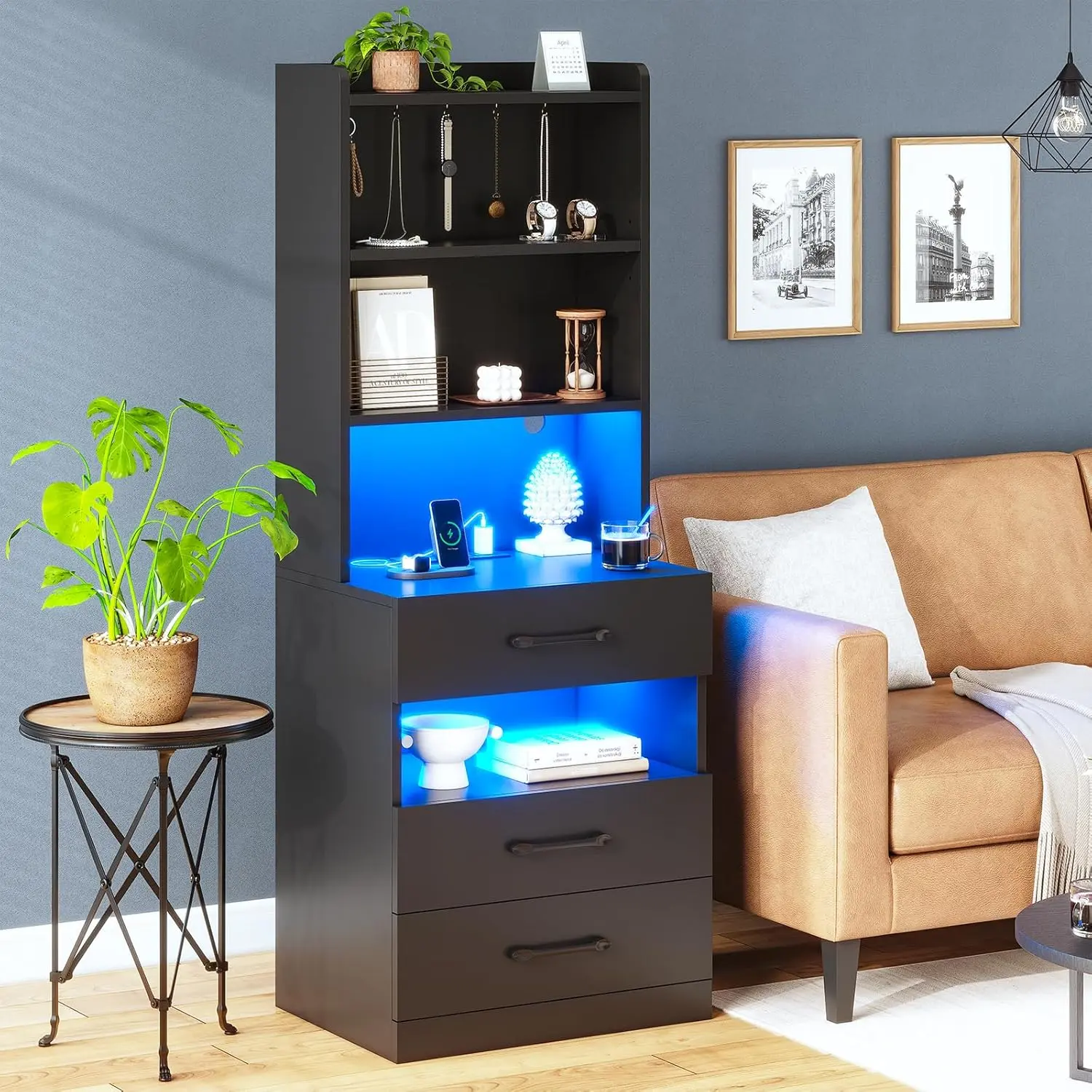 AOGLLATI Tall Furniture Nightstand with Charging Station, LED Lights, 3 Drawers, Storage Shelves & Bookshelf, Modern Bedroom Bedside End Side Table, Modern Accent Tables