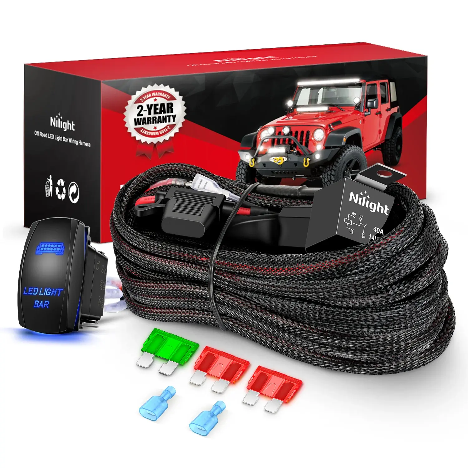 Nilight Nylon 12 AWG Wiring Harness Kit with 1 Lead, 12V 5-Pin Rocker Switch, Power Relay, Blade Fuse - Waterproof, High-Temperature Resistance for LED Light Bar, Off Road Lights on Cars, Campers, Trailer Owners, Motorcycle Owners, CE-Certified
