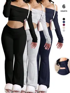 Women's Solid Color Long Sleeve Crop Tee & Flare Leg Skinny Pants Loungewear Set, Casual Everyday One Shoulder Top & Bell Bottom Leggings