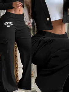 Women's casual cargo pants – Geometric, medium stretch, high-waisted design with practical pockets.