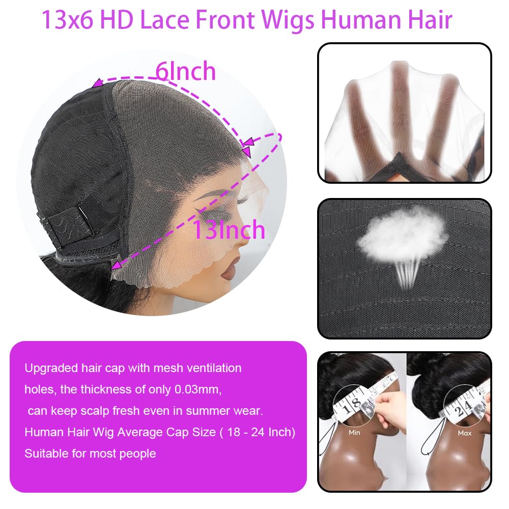 40 38Inch Deep Wave 13x6 Lace Front Wigs Drawstring Glueless Wig Human Hair 180 Density 13x4 HD Lace Frontal Wigs Human Hair Pre Plucked Deep Curly Glueless Wigs Human Hair for Women Natural Black