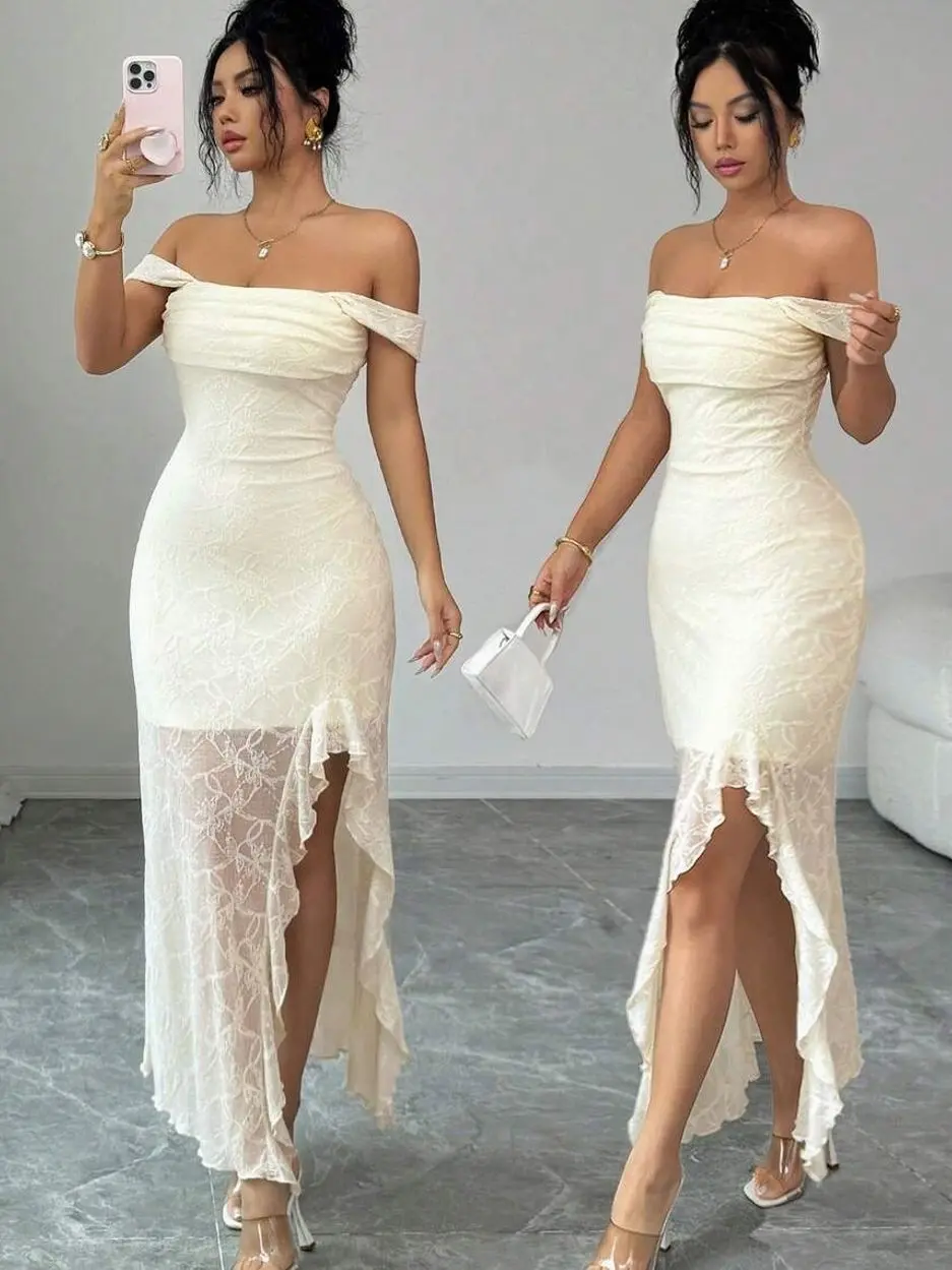 Women's Elegant Off-Shoulder Spaghetti Strap Knit Jacquard Dress With Slit, Suitable For Party And Vacation