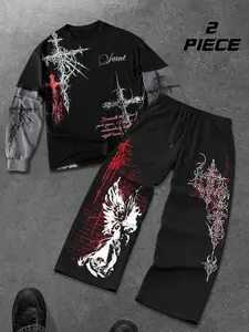 Men's Punk Cross Print Matching Set, Layered Long Sleeve Tee with Relaxed Fit Trousers, Premium Graphic Streetwear Bundle for Alt Fashion Lovers