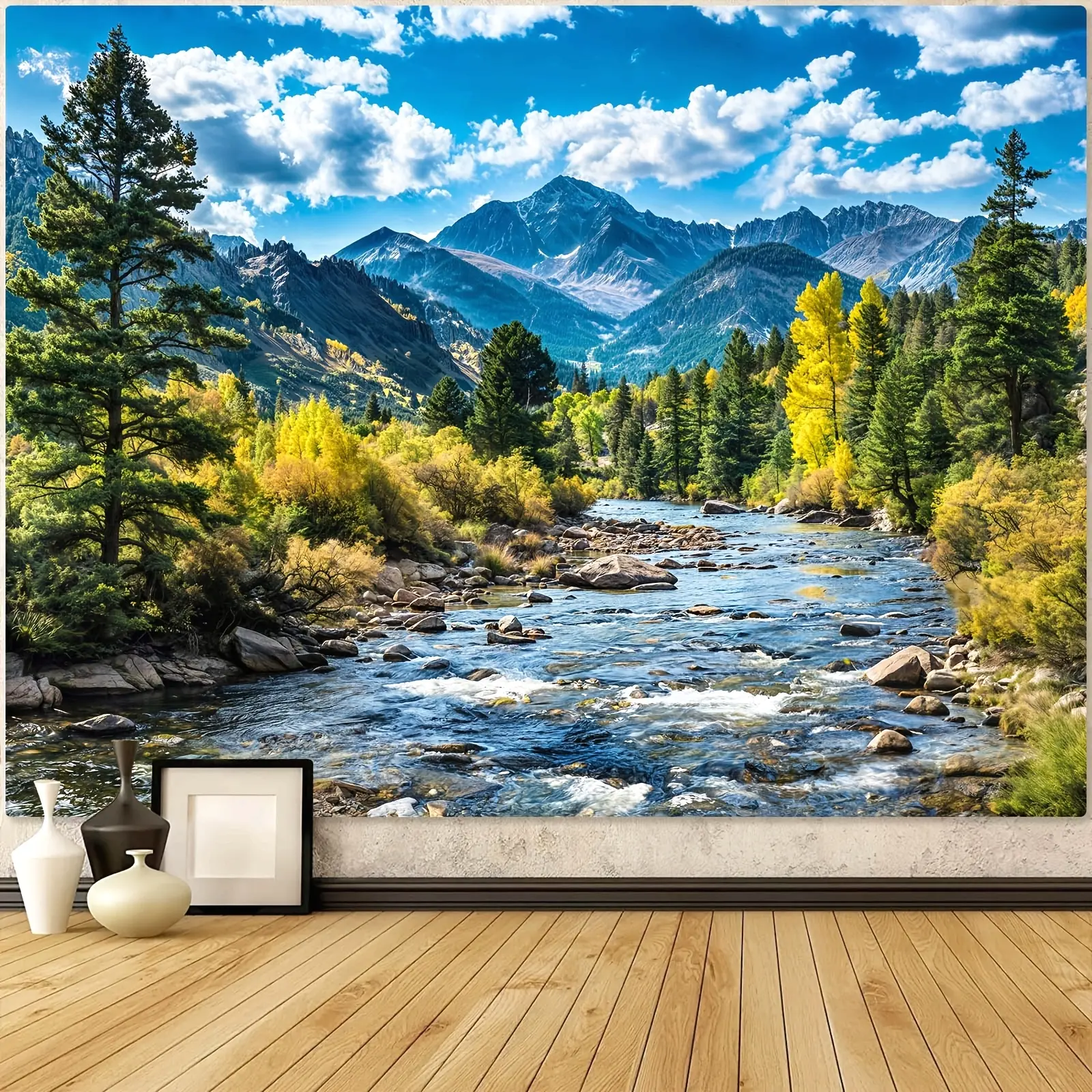 Vintage Nature-Inspired Polyester Artwork Tapestry, 90gsm Woven Indoors Wall Hanging with Forest Mountain Landscape Print (Green Pine Trees, White Clouds, Flowing River) - Machine Washable Home Decor for Living Room, Bedroom, No Electricity Needed, Artwor