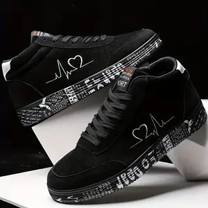 Women's High Top Skateboard Sneakers - Black and White Graffiti Design, Heartbeat Pattern, Lightweight Canvas Upper, Rubber Sole, Lace Up, Four Seasons Casual Shoes, Casual Skateboard Shoes | Graffiti Style Sneakers | Fabric Lining, High Top Sneakers