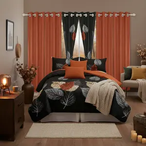 Leaf Print 9-Piece Luxury Bedspread Set with 6 Curtains, Complete Thin Quilt Collection, Hotel Quality All-Season Microfiber, Ultra Soft & Breathable, for Queen/King/Cal King #BedroomGoals #ComfyBedSets