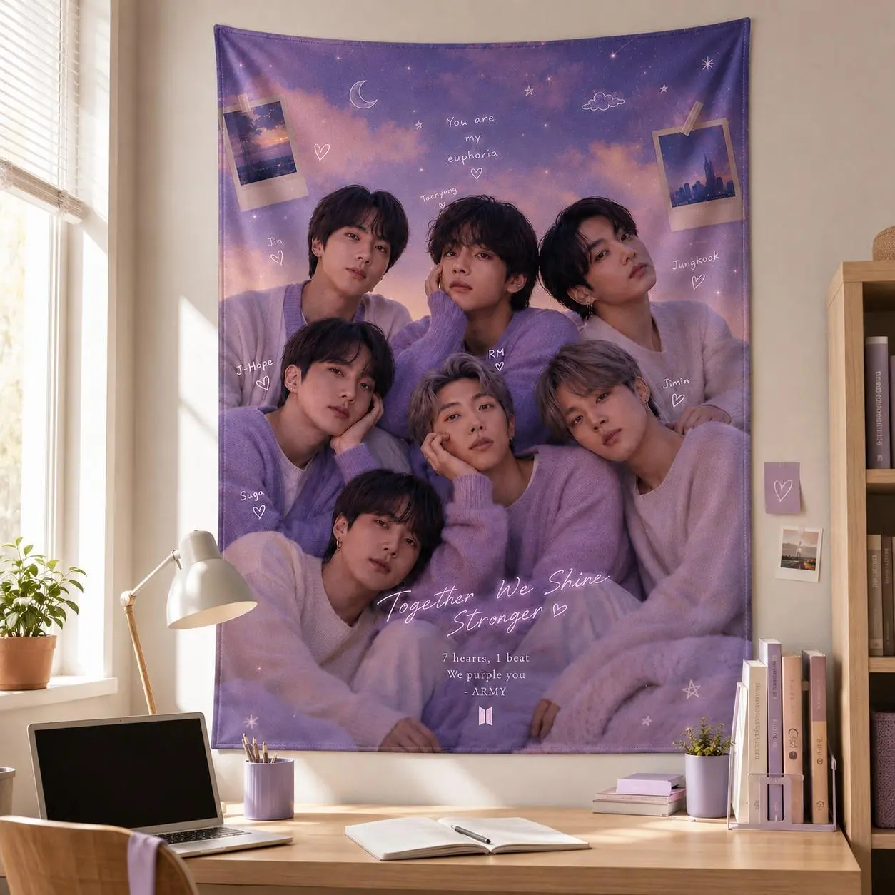 Purple K-Pop Inspired Wall Tapestry, Seven Member Idol Fan Art Blanket, Aesthetic Bedroom Dorm Decor, Korean Music Lover Gift, Soft Polyester Wall Hanging, Cozy Room Decoration, Concert Inspired Home Decor for Teens Adults