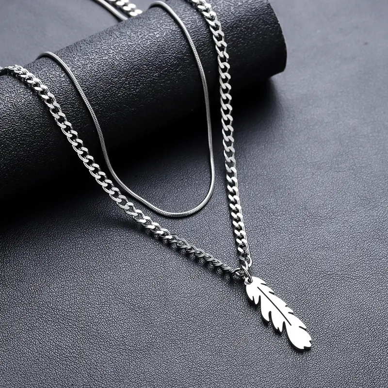 Vintage Silver Feather Pendant Chain Necklace - Men's Bohemian Fashion Jewelry, Men's Accessories, Unique Gifts for Man, Accessories Adults