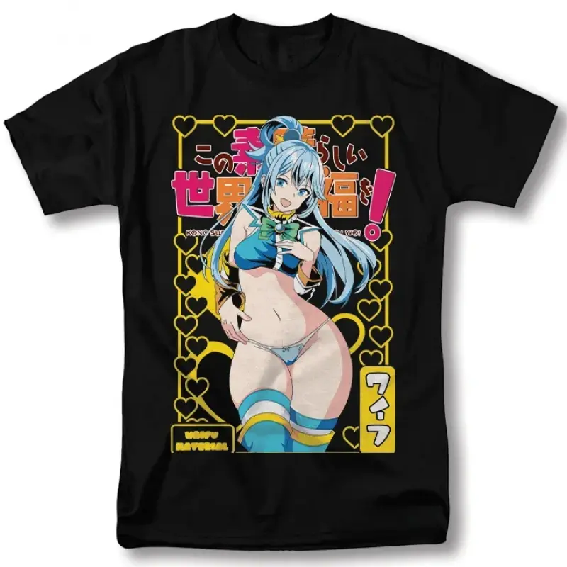 Konosuba Aqua Goddess Waifu Anime Graphic T-Shirt, Retro Manga Style Print, Unisex Cotton Short Sleeve, Casual Streetwear Tee, Harajuku Otaku Fashion Top for Anime Fans