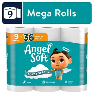 Angel Soft 2-Ply Toilet Paper, 9 Mega Rolls, Septic Safe, Unscented, 2880 Sheets, Soft & Strong, Georgia Pacific Consumer Products