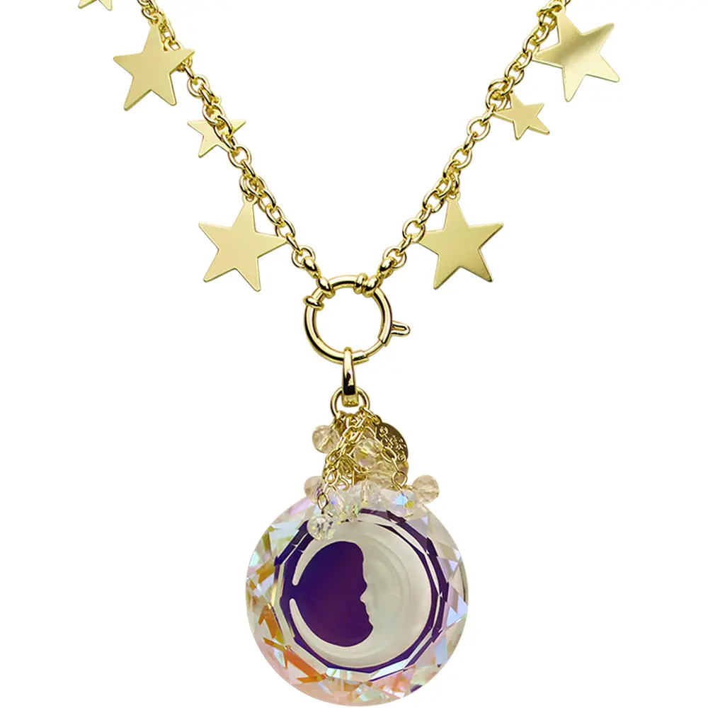 Moon Shadow Crystal Open Ring Charm with Starry Night Sailor Ring Charm Necklace (Goldtone)