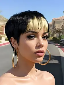 pixie cut wig short straight human hair wig machine made for women daily party cosplay gift use 1B613 color pixie cut human hair wigs Party holidays gift wig Human Hair Bob