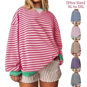 【1XL-5XL】Curve imily bela curve Womens Plus size Striped Sweatshirt Color Block Crew Neck Long Sleeve Shirt Casual Loose Pullover Top Y2K Clothes