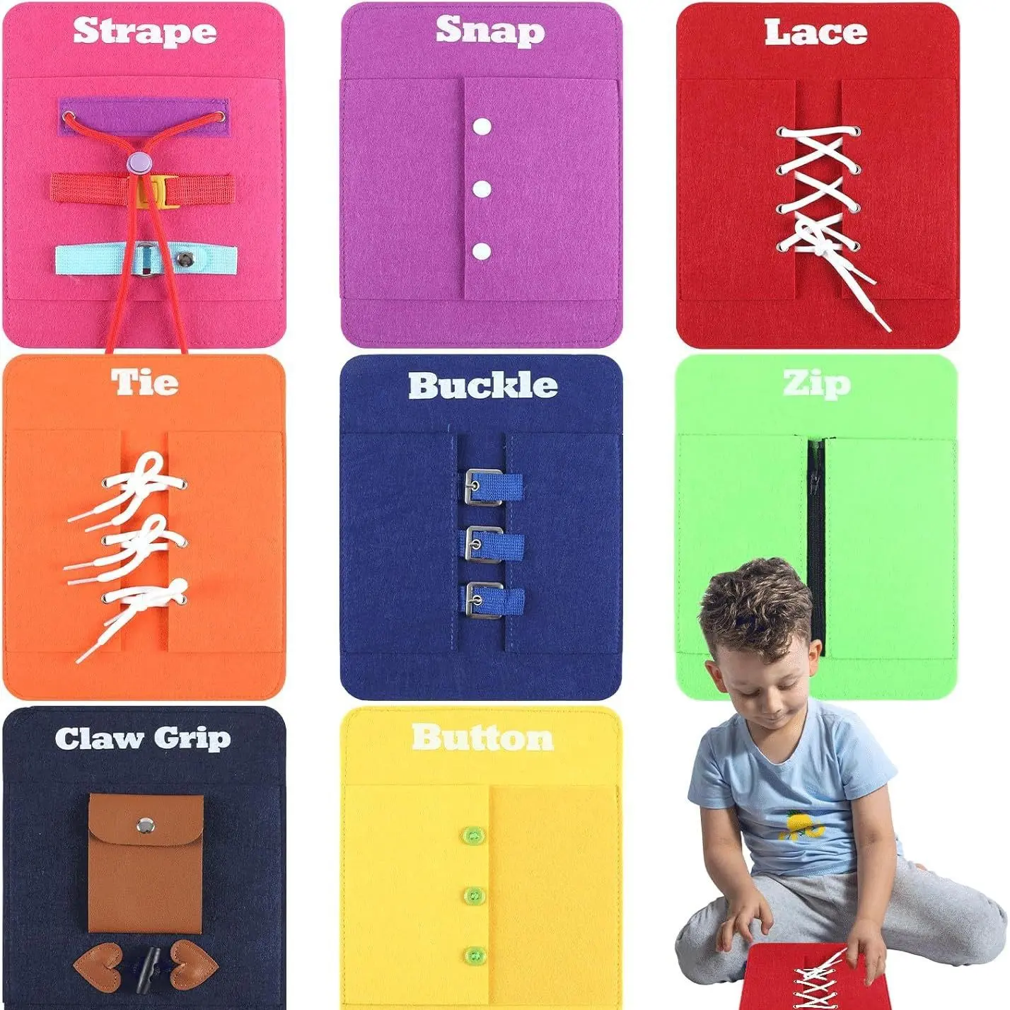8PCS Unisex Montessori Busy Board Panels Sensory Play Set for 3+ Years Kids - Fine Motor Skills Practice with Zip, Snap, Button, Buckle, Lace, Tie, Strap, Claw Grip - Preschool Toys, Toddler Gifts