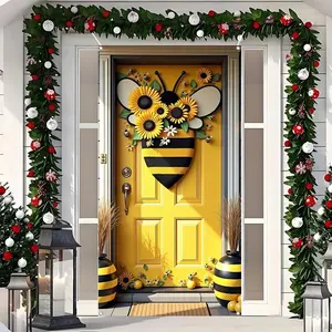 Sunflower Bee Polyester Door Curtain 180x90cm in Energetic and, No-Drill Design with Silver Color Rivet Holes, Perfect Spring Porch Decor