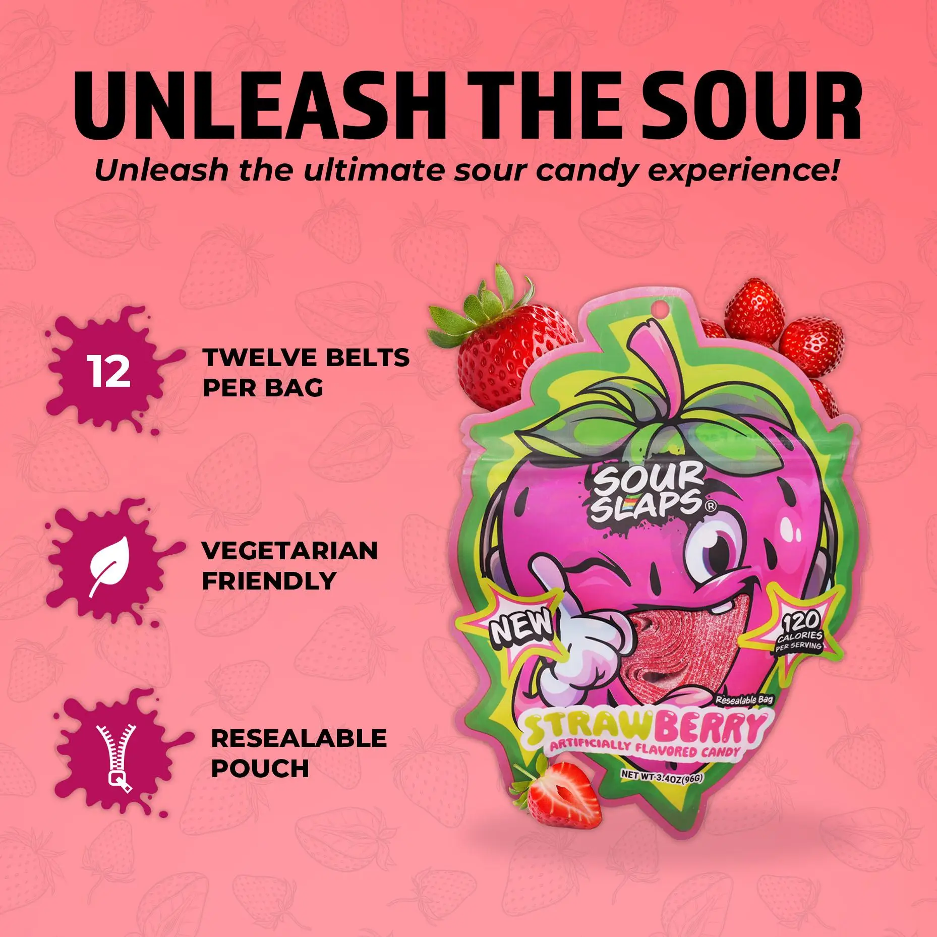 Sour Slaps 1-Pack Flavored Sour Candy Belts - Vegetarian, Fresh & Chewy, 8 Mouth Watering Flavors, Snack, Sweet Candies Bonbon Tangy Vegan
