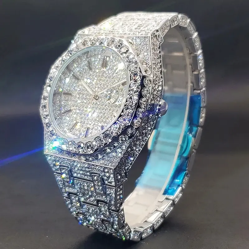 Men's Analog Quartz Fashion Wristwatch - Silver Iced Out Look, Full Rhinestone Paved Octagonal Face, Date Display, Bling Hip Hop Accessory for Party, Streetwear