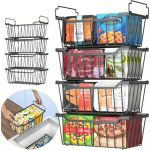 8-Pack & 4-Pack Freezer Organizer Bins - Stackable and Foldable Handle Metal Storage Baskets for Deep Chest Freezer Organization (3.5-7 Cu.FT) - Enhanced Space Utilization